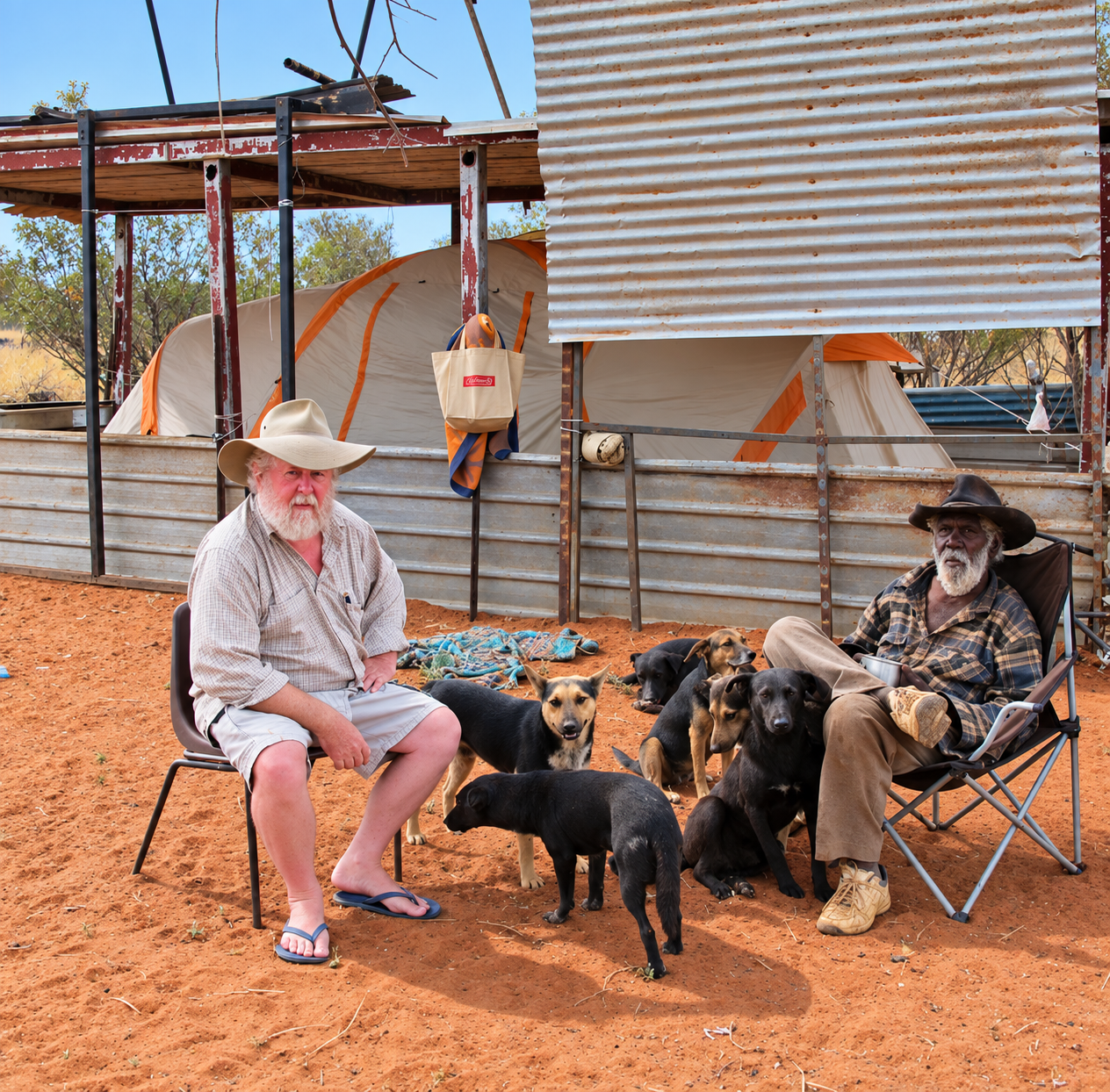Two men sitting at an outback camp